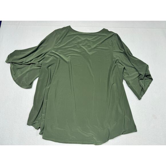 Studio 1886 Green V-Neck Top Gold Ring Detail Short Sleeve Stretchy 1X (18W-20W) - Picture 2 of 5